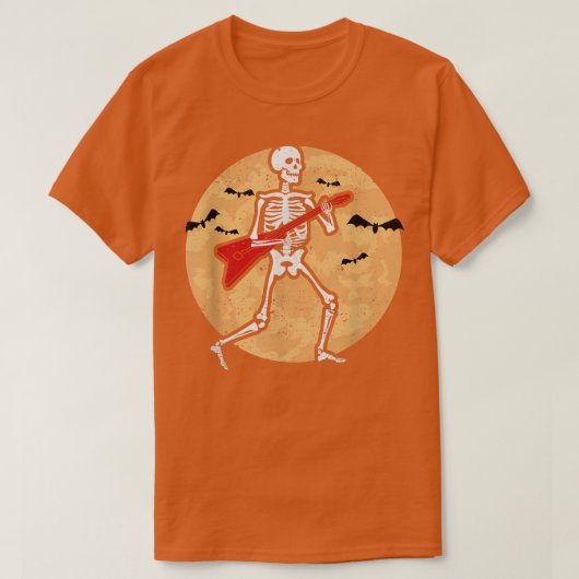 Skeleton Playing Guitar Rock Moon Halloween Music  Tシャツ (デザイン正面)