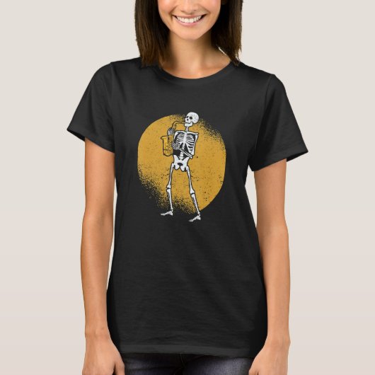 Skeleton Playing Saxophone Jazz Halloween Music Sp Tシャツ (正面)