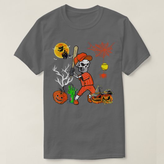 Skeleton Playing Softball Pumpkin Player Lover Hal Tシャツ (デザイン正面)