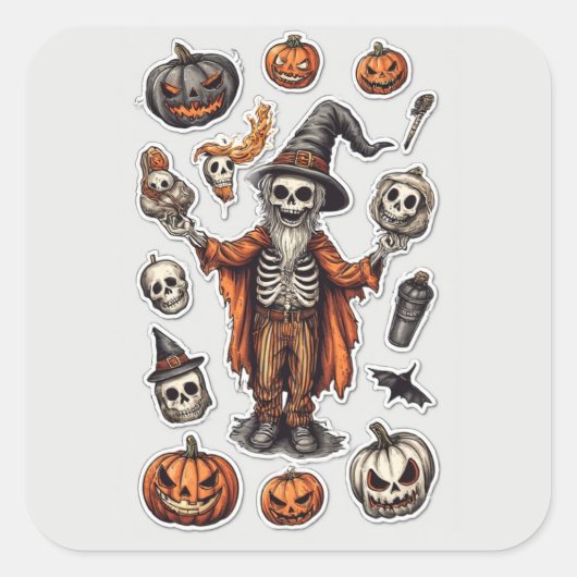 Skeleton & Pumpkin Stickers – Spooky Halloween Dec スクエアシール (正面)