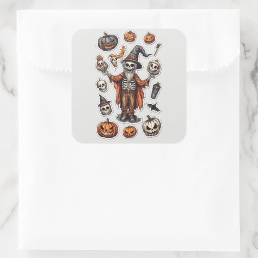 Skeleton & Pumpkin Stickers – Spooky Halloween Dec スクエアシール (バッグ)