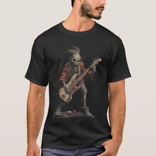 Skeleton Punk Rocker Halloween Bass Guitar Rock N  Tシャツ (正面)
