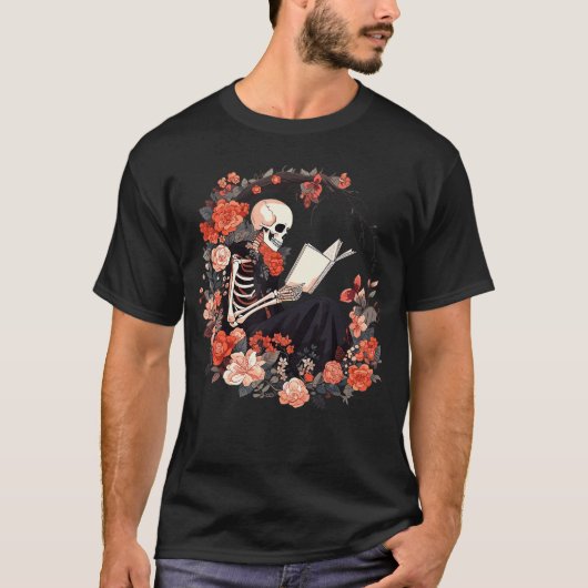 Skeleton Reading Book Lover Floral Flowers Bookish Tシャツ (正面)