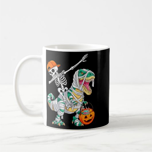 Skeleton Riding Dancing Dab Dinosaur T Rex Hallowe コーヒーマグカップ (左)