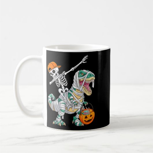 Skeleton Riding Dancing Dab Dinosaur T Rex Hallowe コーヒーマグカップ (左)