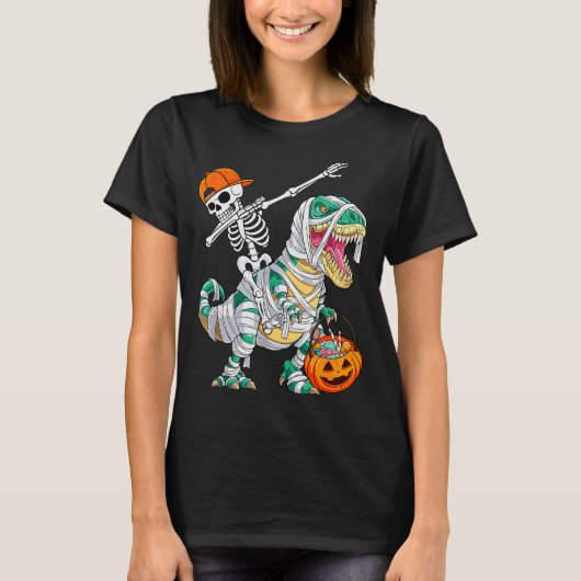 Skeleton Riding Dancing Dab Dinosaur T Rex Hallowe Tシャツ (正面)