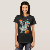 Skeleton Riding Dancing Dab Dinosaur T Rex Hallowe Tシャツ (正面フル)