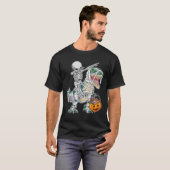 Skeleton Riding Dancing Dab Dinosaur Trex Hallowee Tシャツ (正面フル)