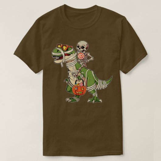 Skeleton Riding Dinosaur Halloween Candy Sweets Lo Tシャツ (デザイン正面)