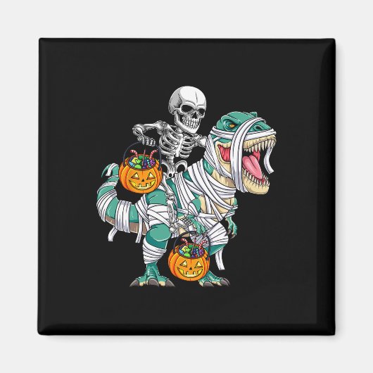 Skeleton Riding Dinosaur T Rex Fun Kids Boys Hallo マグネット (正面)