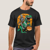 Skeleton Riding Mummy Dinosaur Pumpkin Spooky Trex Tシャツ (正面)