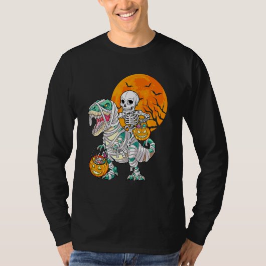 Skeleton Riding Mummy Dinosaur Rex Halloween  Pump Tシャツ (正面)