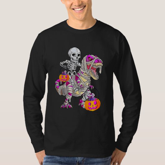 Skeleton Riding Mummy Dinosaur Rex Halloween  Pump Tシャツ (正面)