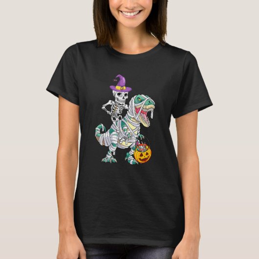 Skeleton Riding Mummy Dinosaur Rex Halloween  Pump Tシャツ (正面)
