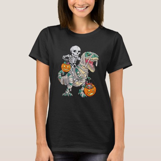 Skeleton Riding Mummy Dinosaur rex Halloween  Pump Tシャツ (正面)