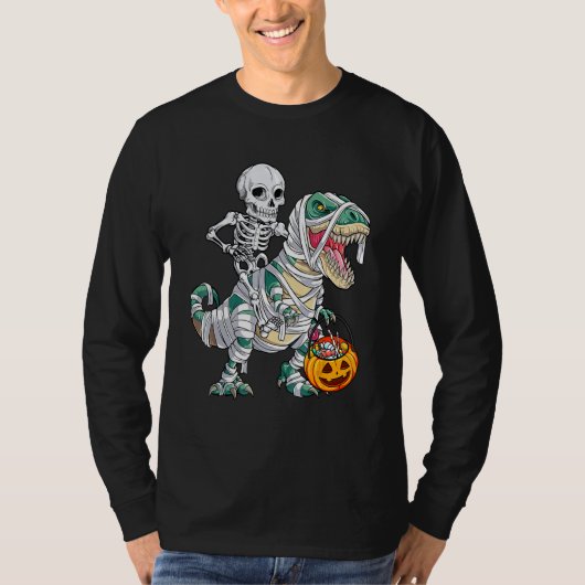Skeleton Riding Mummy Dinosaur rex Halloween Pump Tシャツ (正面)