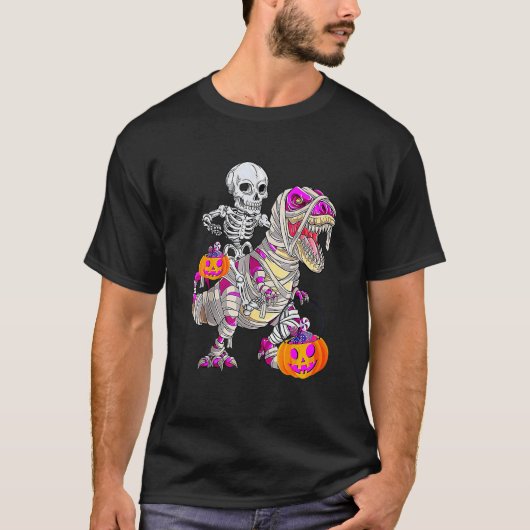 Skeleton Riding Mummy Dinosaur Rex Halloween  Pump Tシャツ (正面)