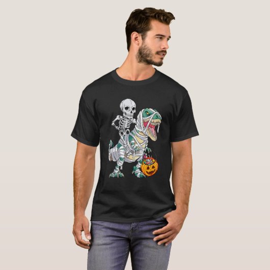 Skeleton Riding Mummy Dinosaur rex Halloween  Pump Tシャツ (正面フル)