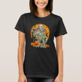 Skeleton Riding Mummy Dinosaur rex Halloween Pump Tシャツ (正面)