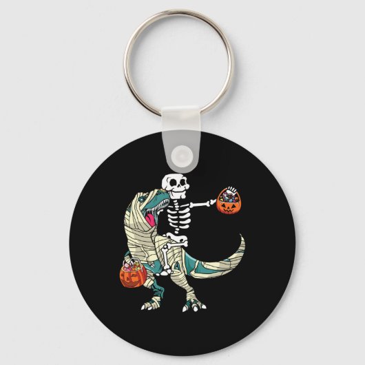 Skeleton Riding Mummy Dinosaur T Rex Halloween Fun キーホルダー (正面)