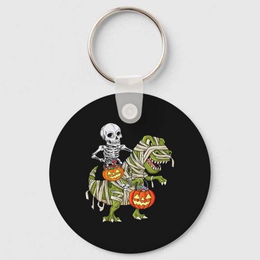 Skeleton Riding Mummy Dinosaur T Rex Halloween Fun キーホルダー (正面)