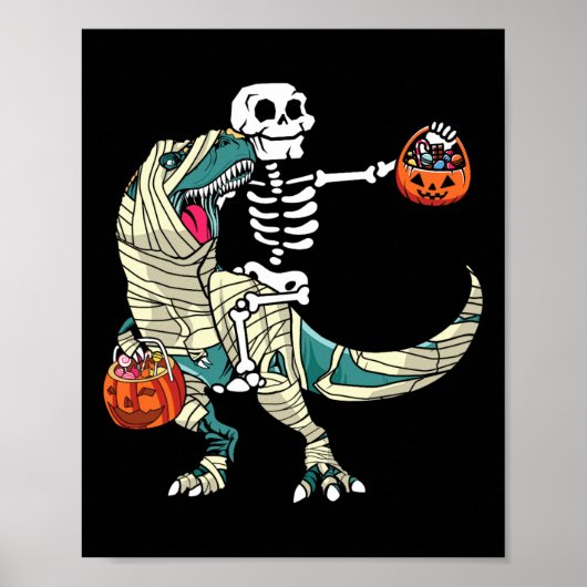 Skeleton Riding Mummy Dinosaur T Rex Halloween Fun ポスター (正面)
