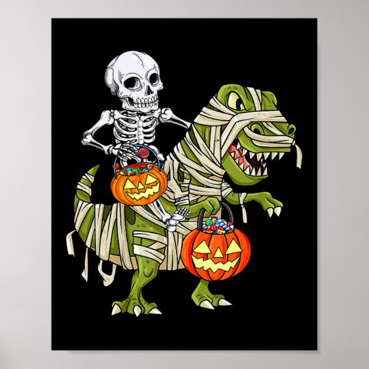 Skeleton Riding Mummy Dinosaur T Rex Halloween Fun ポスター (正面)
