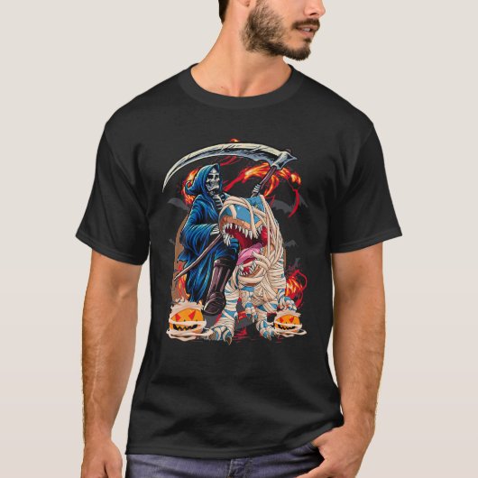 Skeleton Riding Mummy Dinosaur T Rex Halloween Fun Tシャツ (正面)