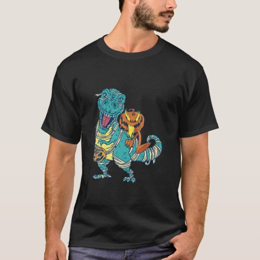 Skeleton Riding Mummy Dinosaur T Rex Halloween Fun Tシャツ (正面)
