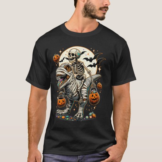 Skeleton Riding Mummy Dinosaur T Rex Kids Boys Men Tシャツ (正面)