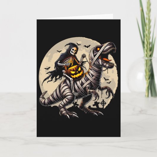 Skeleton Riding Mummy Dinosaur T Rex Pumpkin Funny カード (正面)