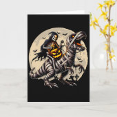 Skeleton Riding Mummy Dinosaur T Rex Pumpkin Funny カード (黄色い花)