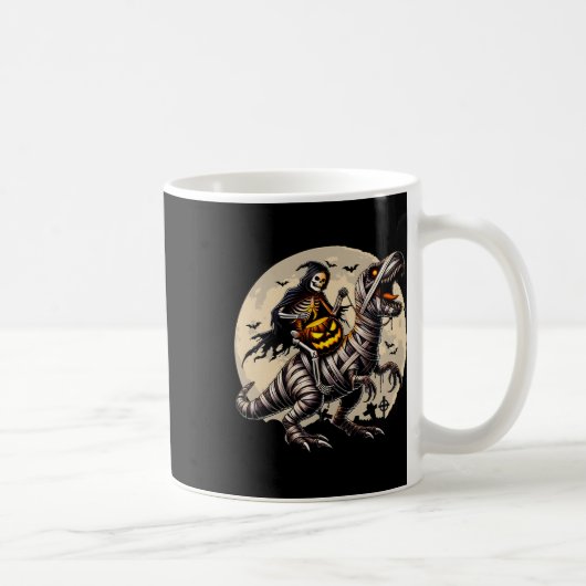 Skeleton Riding Mummy Dinosaur T Rex Pumpkin Funny コーヒーマグカップ (右)