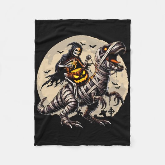 Skeleton Riding Mummy Dinosaur T Rex Pumpkin Funny フリースブランケット (正面)