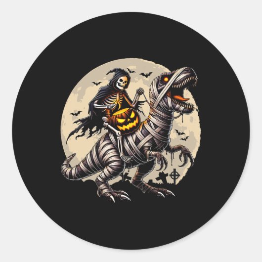 Skeleton Riding Mummy Dinosaur T Rex Pumpkin Funny ラウンドシール (正面)