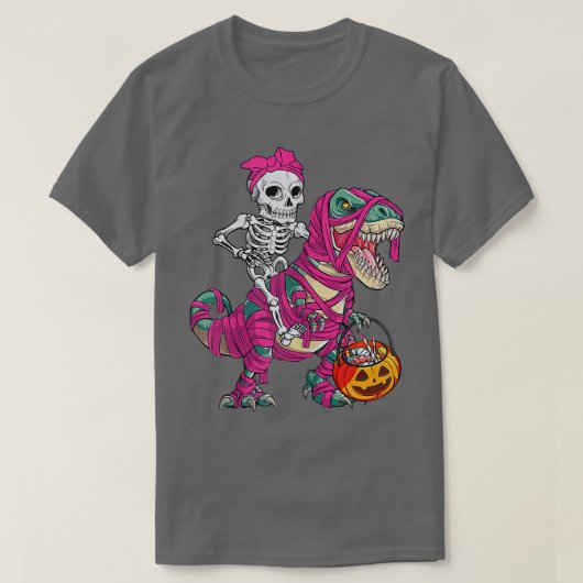 Skeleton Riding Mummy Dinosaur Tre Halloween Pumpk Tシャツ (デザイン正面)