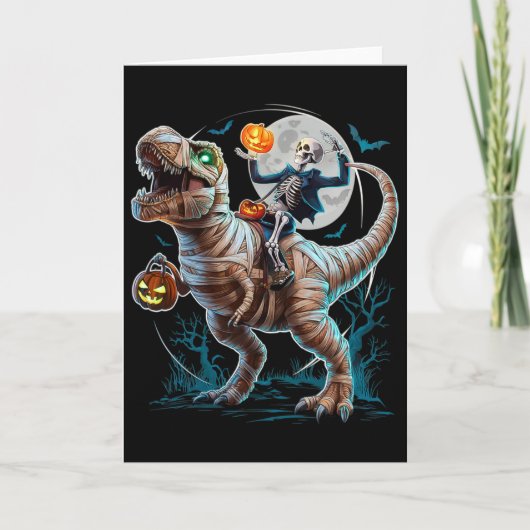 Skeleton Riding Mummy Pumpkin T Rex Dinosaur Funny カード (正面)