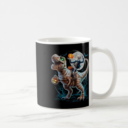 Skeleton Riding Mummy Pumpkin T Rex Dinosaur Funny コーヒーマグカップ (右)