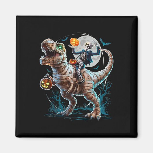 Skeleton Riding Mummy Pumpkin T Rex Dinosaur Funny マグネット (正面)