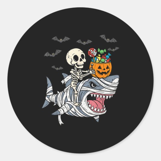 Skeleton Riding Mummy Shark Halloween Boys Toddler ラウンドシール (正面)