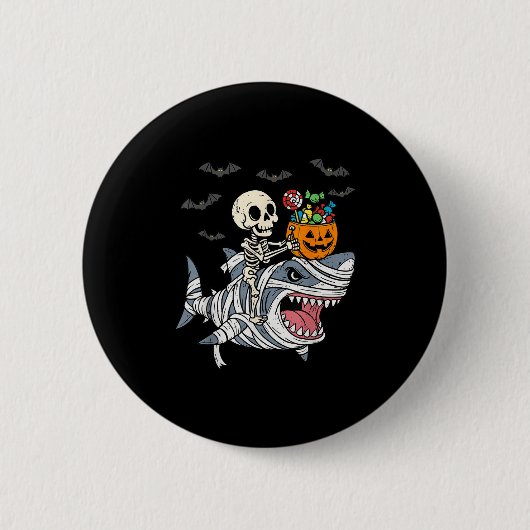 Skeleton Riding Mummy Shark Halloween Boys Toddler 缶バッジ (正面)