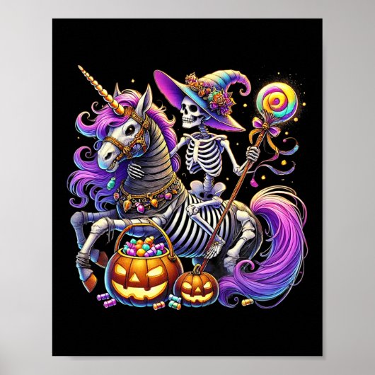 Skeleton Riding Skeleton Unicorn Halloween Costume ポスター (正面)