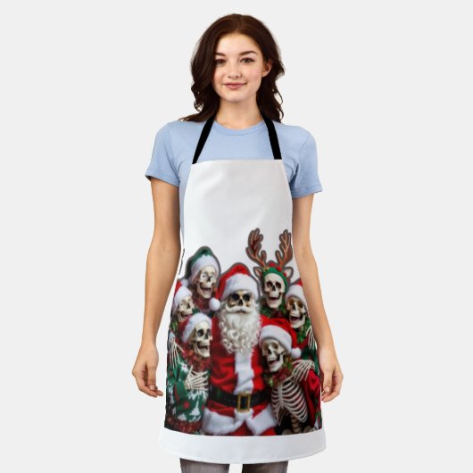 Skeleton Santa Christmas Group Photo – Festive 3D エプロン (着用した状態)