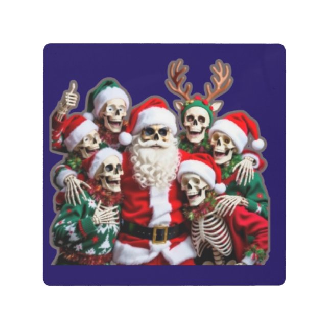 Skeleton Santa Christmas Group Photo – Festive 3D  メタルプリント (正面)