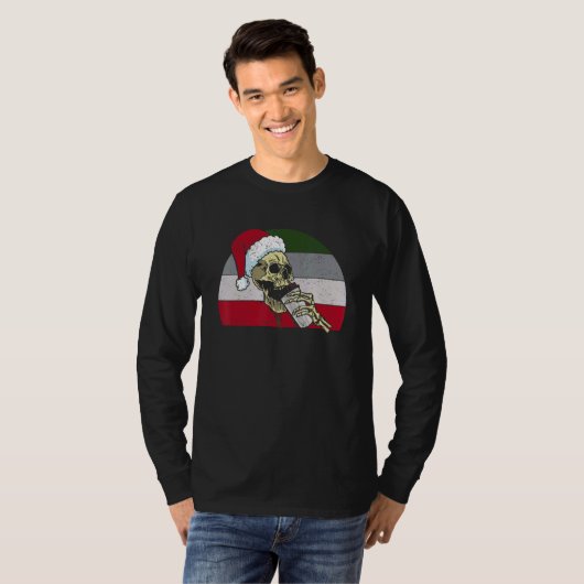 Skeleton Santa Claus Hat Drinking Coffee  Christma Tシャツ (正面フル)