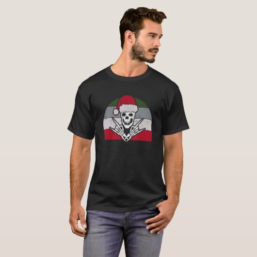Skeleton Santa Claus Hat Rock And Roll Hand Cool C Tシャツ (正面フル)