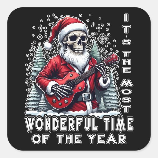 Skeleton Santa Guitar Black Background スクエアシール (正面)