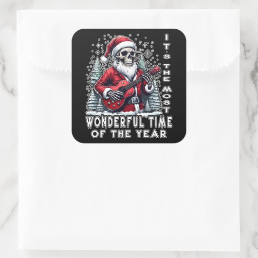 Skeleton Santa Guitar Black Background スクエアシール (バッグ)