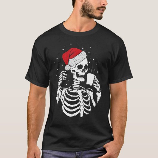Skeleton Santa Hat Drinking Coffee Christmas Tシャツ (正面)