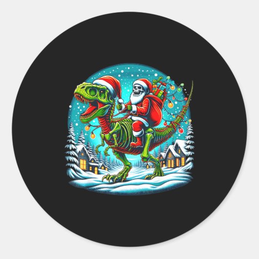 Skeleton Santa Riding T Rex Dinosaur Funny Christm ラウンドシール (正面)